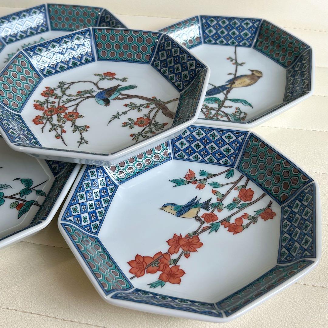 九谷焼　青郊窯　絵変わり　中皿揃　５枚セット　色絵　花鳥図　八角皿　和食器　和柄