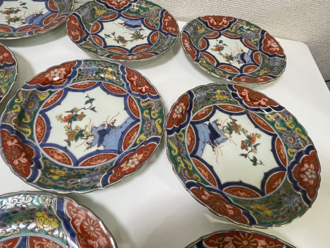 【現状品】古伊万里 金彩 色絵 染付 陶器 花柄 中皿 割烹 懐石 9枚 ①