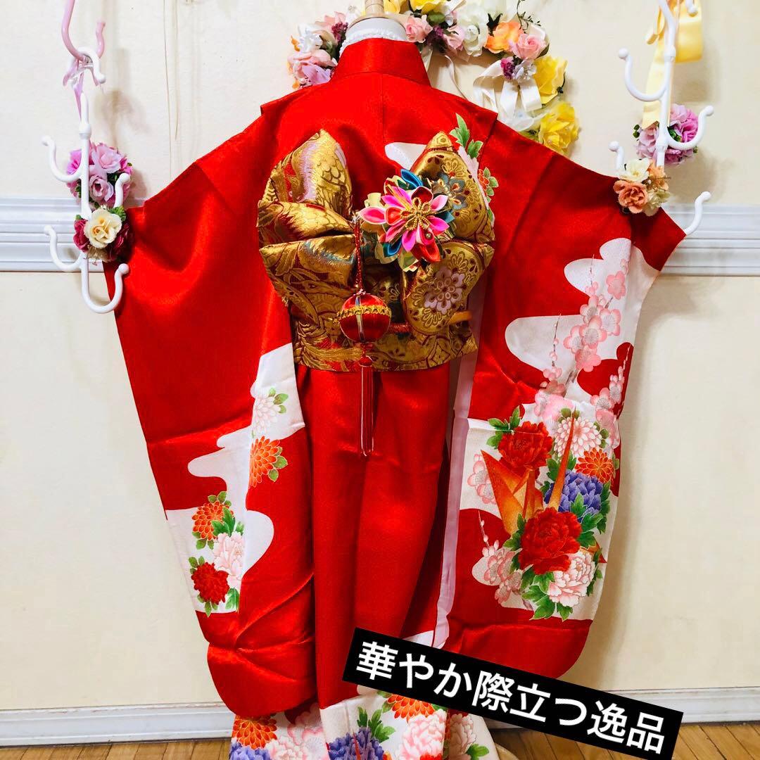豪華正絹7歳完全フルセット⭐︎人気赤地菊金糸刺繍⭐︎✨梅花金彩煌びやか逸品