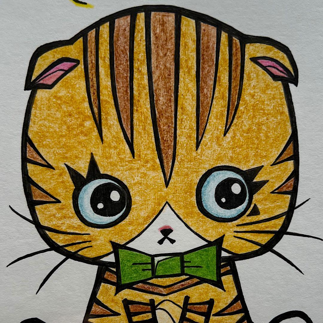 動物 原画 絵 手描き 癒し 猫 アート 一点物 額縁付き『まあるい時間』