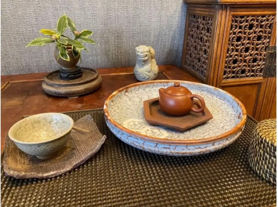 【伝統工芸士 佐藤康元】美品・志野流貫入 大皿＆宜興紫砂 茶盤・2点セット