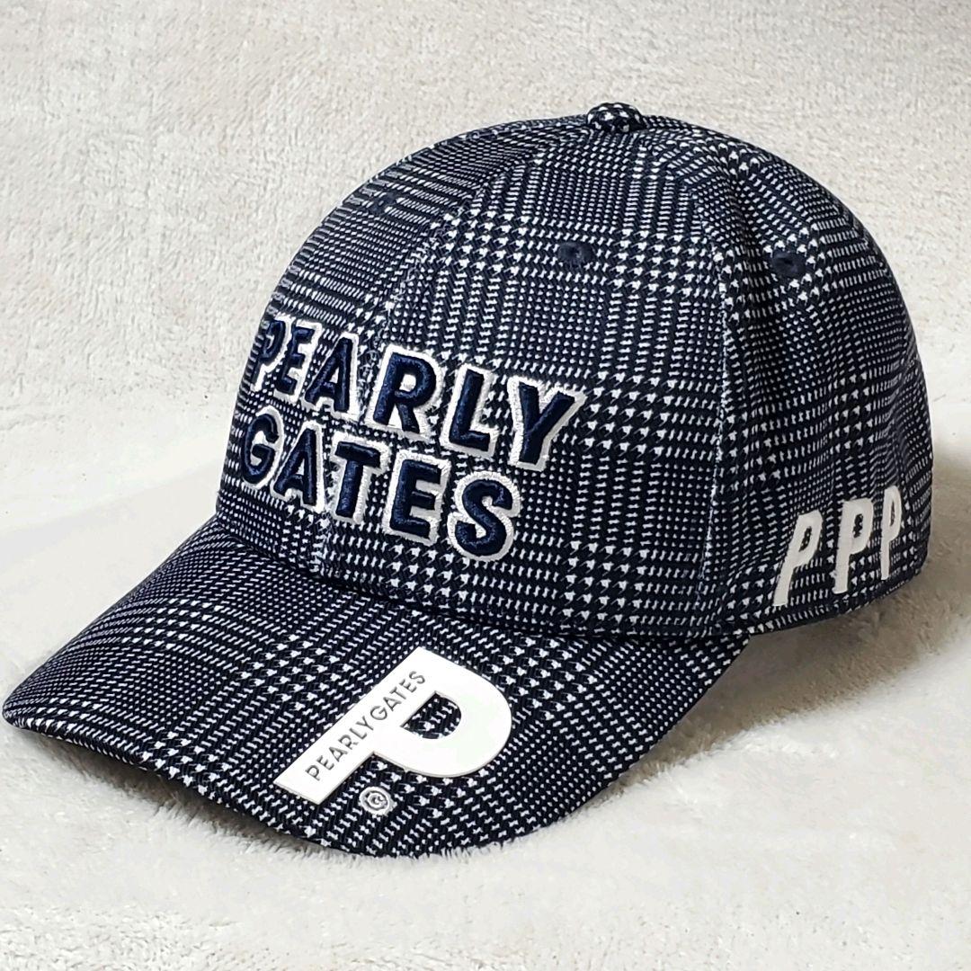 美品 パーリーゲイツ FR キャップ 総柄 チェック柄 ユニセックス ネイビー