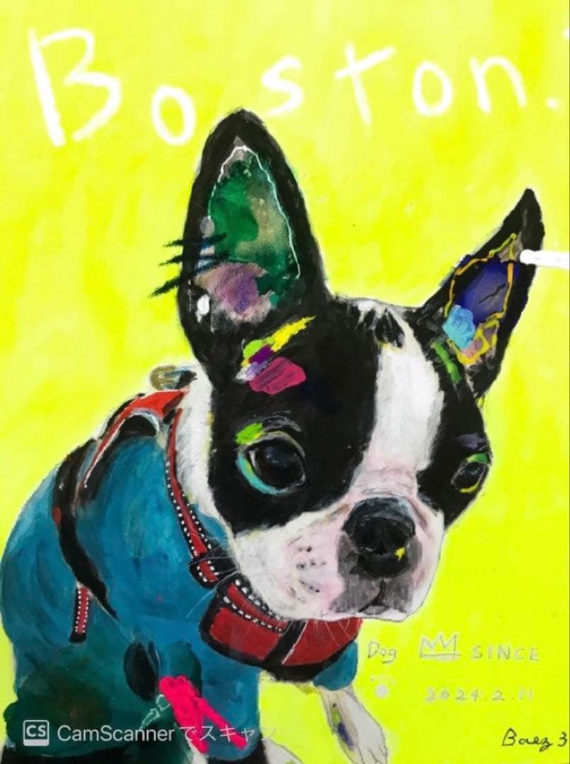 犬　ボストンテリア　ハンドメイド　キャンバスF6号サイズ　BAEZ3
