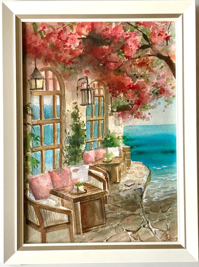 水彩画 原画 海辺のカフェ