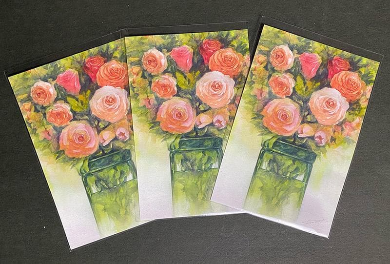 水彩アート「花と緑の花活け」1点物、手描き、真筆。
