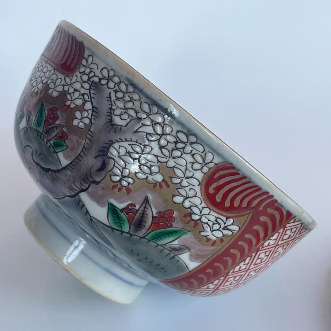 明治 古伊万里 色絵 金彩 金蘭手 桜花文 蓋付椀 3客揃 煮物椀 蒸碗 時代
