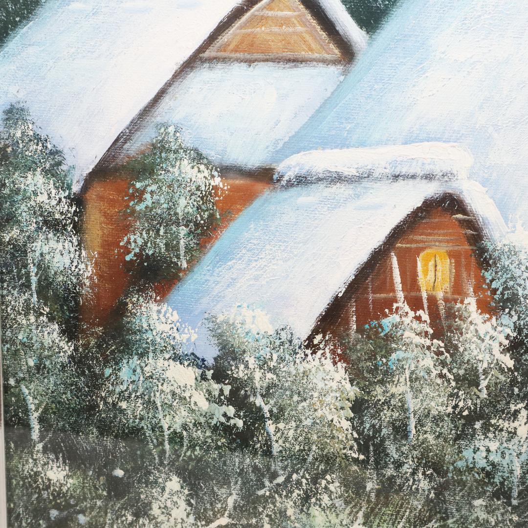 真作保証 流月真一 油彩 風景画「冬の白川郷」画寸約 32cm×41cm F6