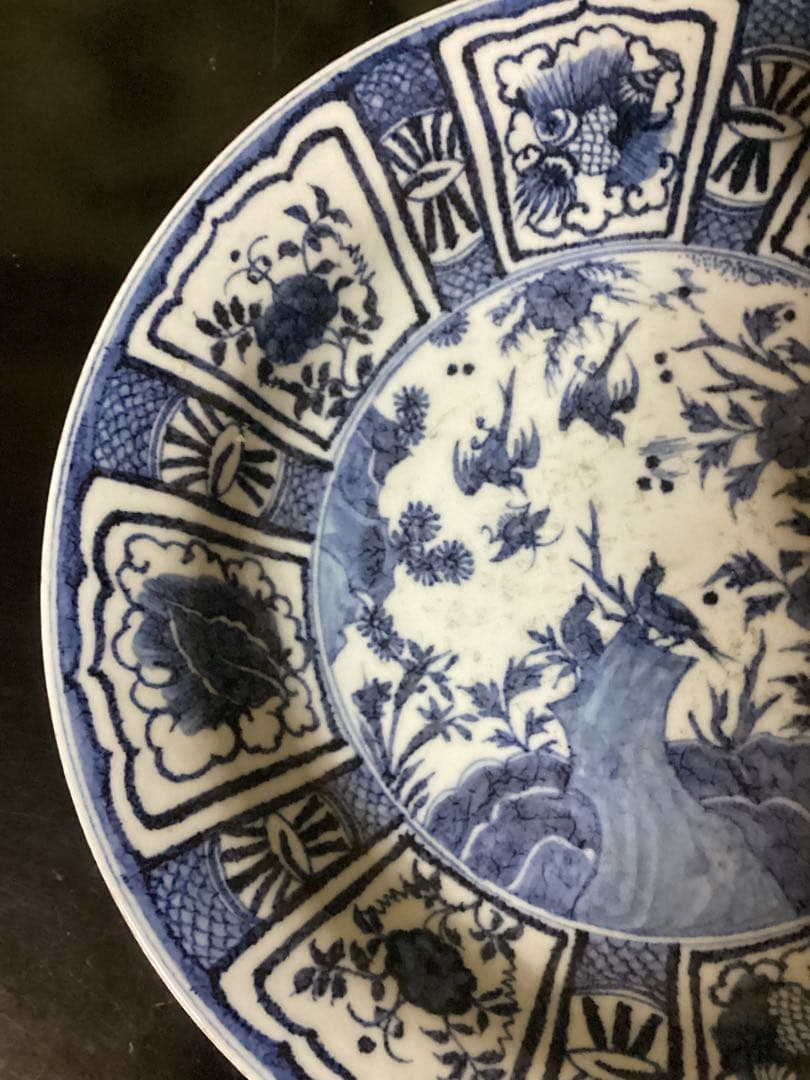 初期伊万里大皿　山辺田窯　染付花鳥文兜皿　幅約34.9cm 江戸期時代物