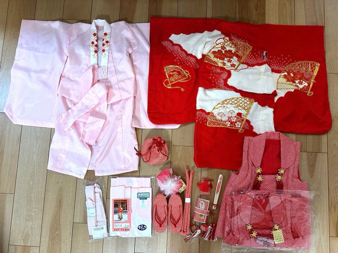 七五三 着物フルセット 正絹　刺繍　赤　被布　3才　女の子