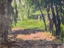 【真作】絵画　油彩8号　水之公園　風景画　洋画　木々の静けさ　印象派風　W40