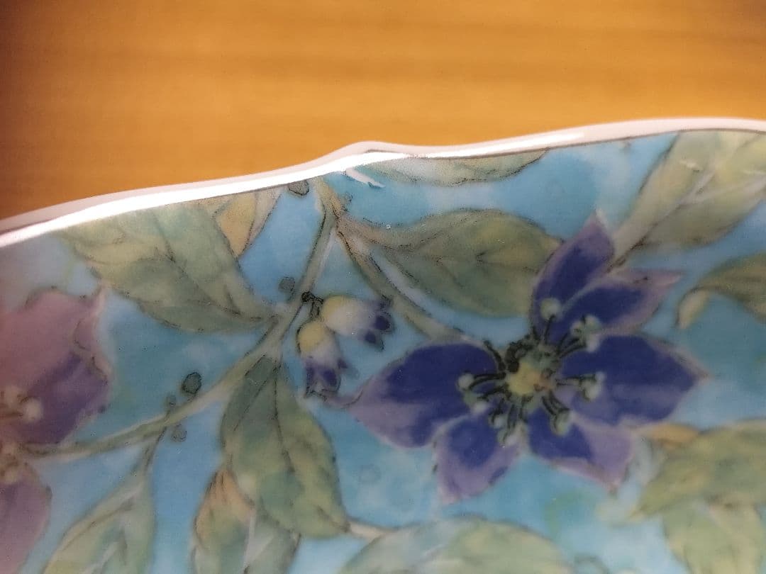 前畑陶器　庫山窯　紫草花　菓子鉢　大鉢　盛鉢　色絵　染付　輪花鉢