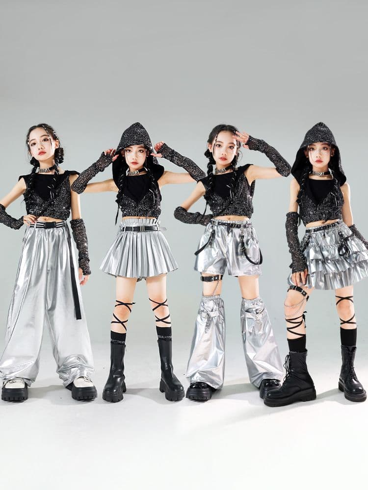 シルバー ダンスウェア フード付き　KPOP　キッズダンス衣装