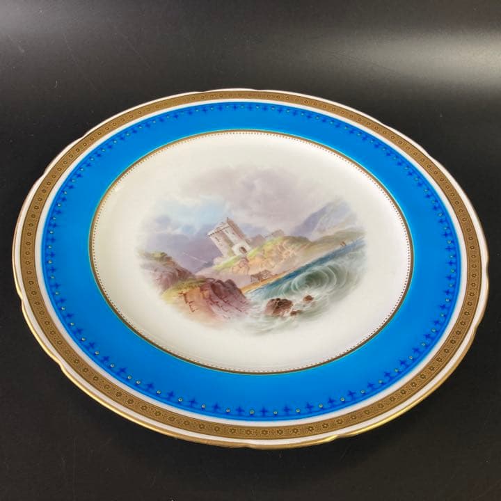 ミントン　ターコイズブルー　古城風景絵図飾皿　エナメル七宝金彩 プレート 大皿
