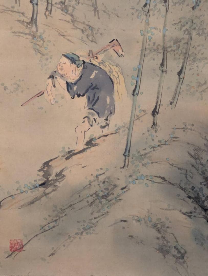 【真作】掛軸　竹林人物図　静寂に佇む風雅の景　幽玄の趣を描く一幅　共箱入　V12