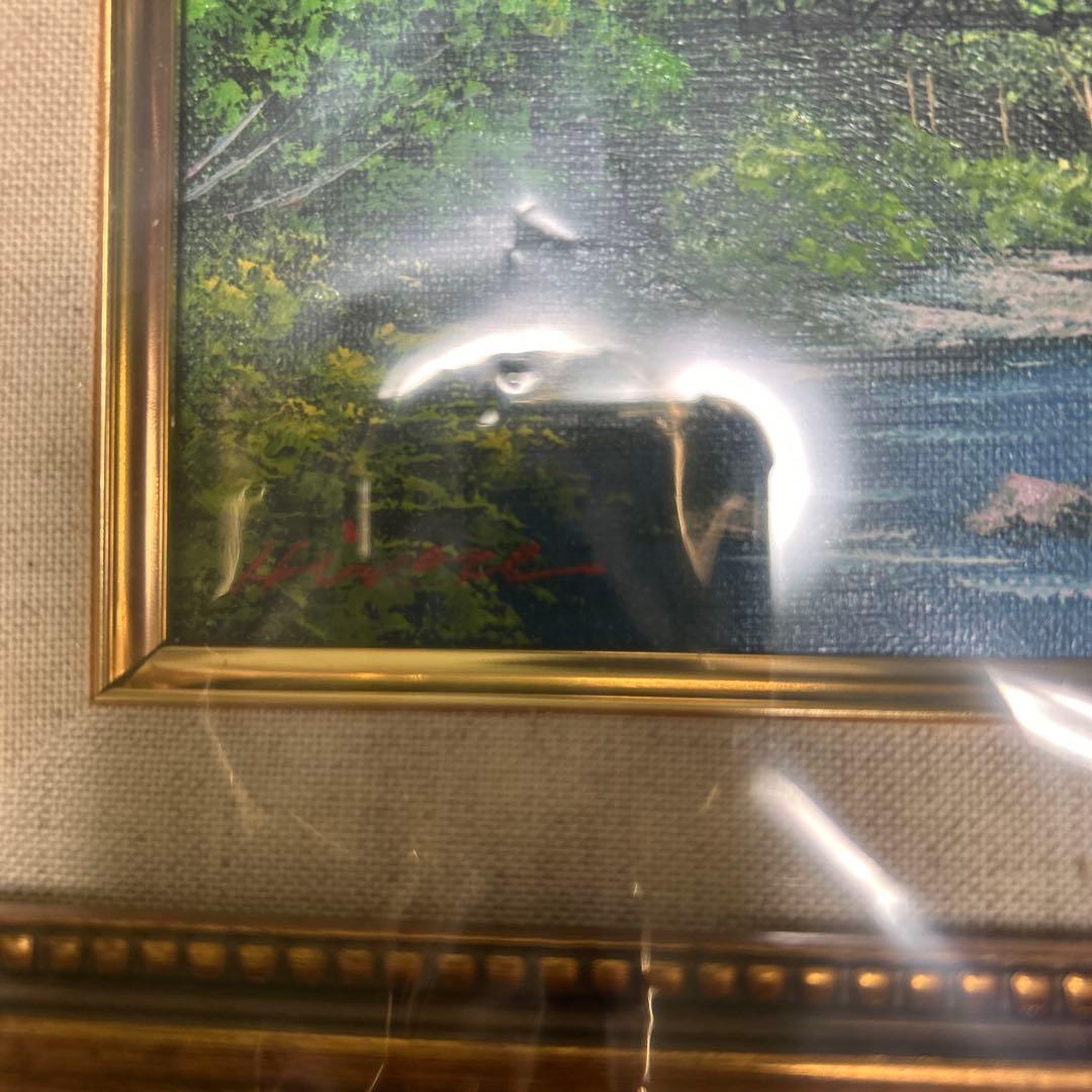 山と川の風景画 金色フレーム