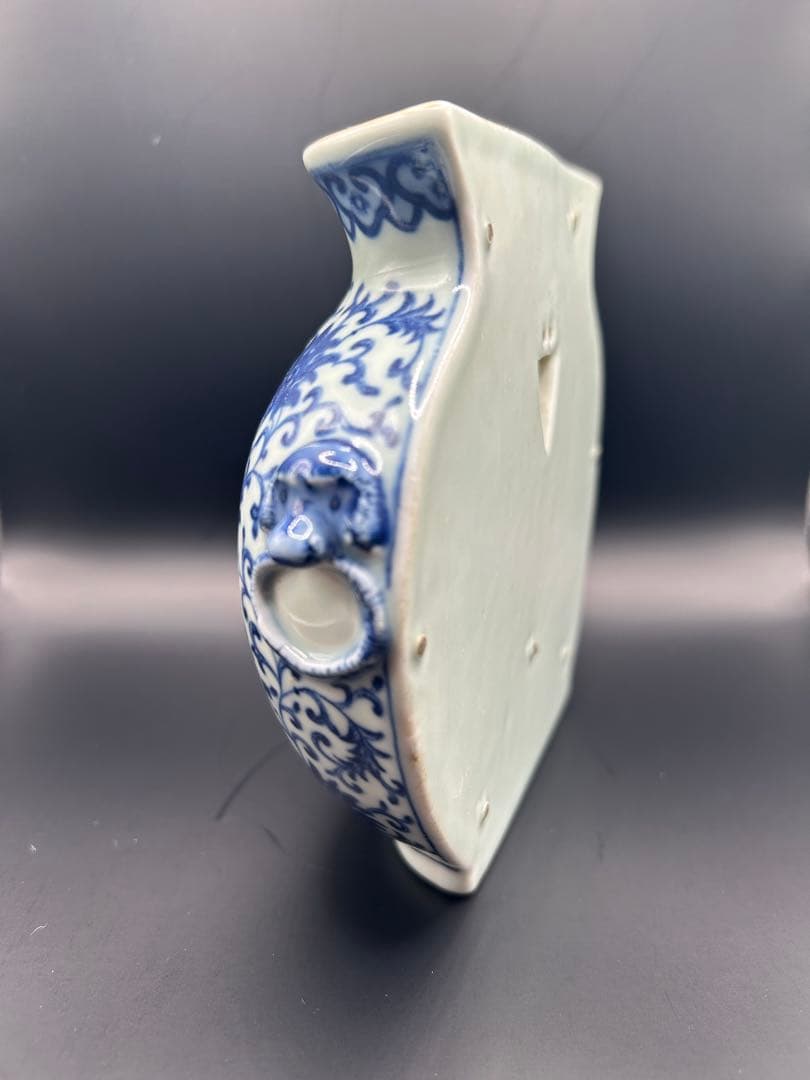 【蔵出し】中国古玩 道光年製 粉彩 牡丹花鳥紋 獣耳壁瓶 飾壺 重量394g