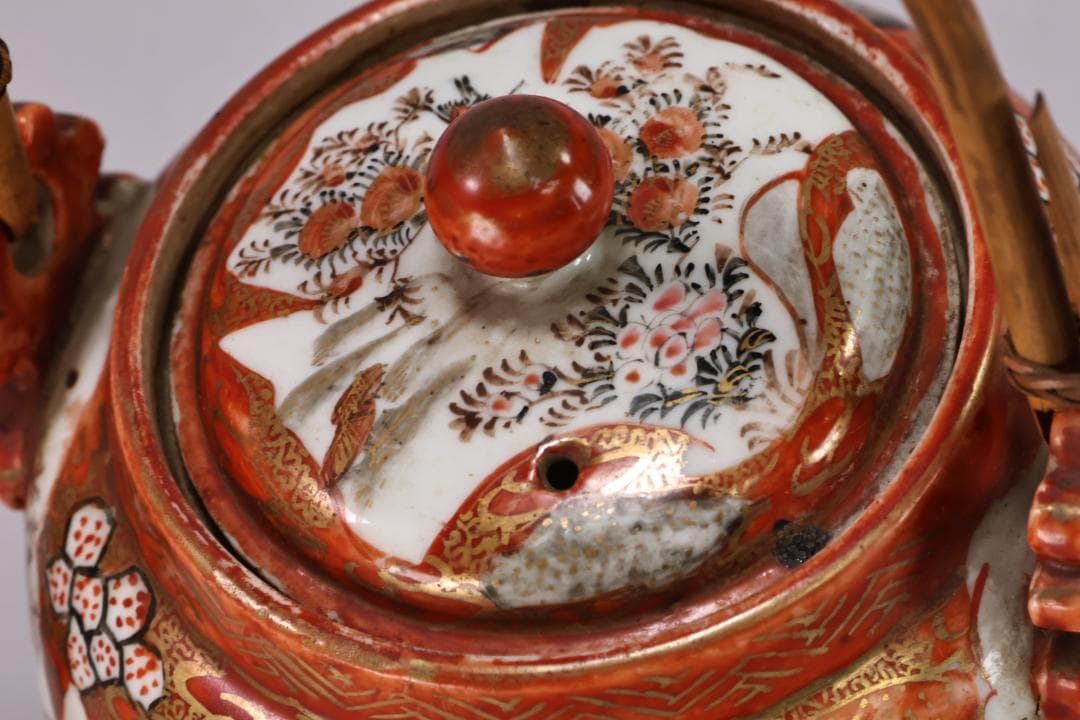 明治期　九谷造　赤絵　花鳥唐子図　注水　急須　重さ347ｇ　茶道具　煎茶道具