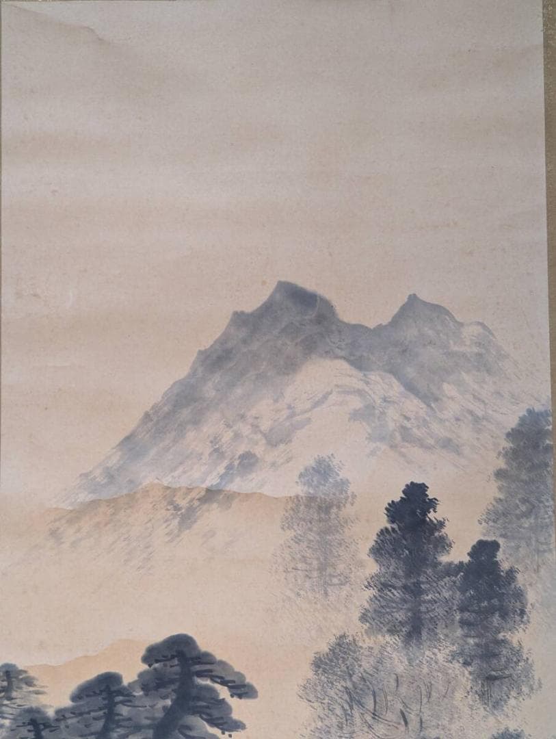 【真作】掛軸　山水図　墨絵　日本画　茅葺き民家と渓流図　古美術　U84
