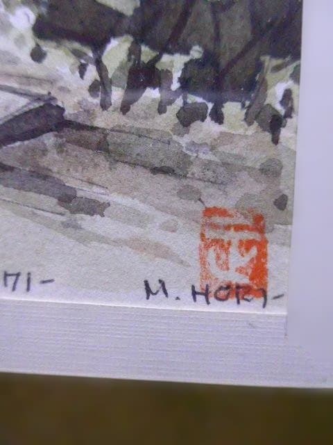 ハガキサイズの美しい肉筆水彩画 「木曽路・妻籠宿」 1971年 M. Hori
