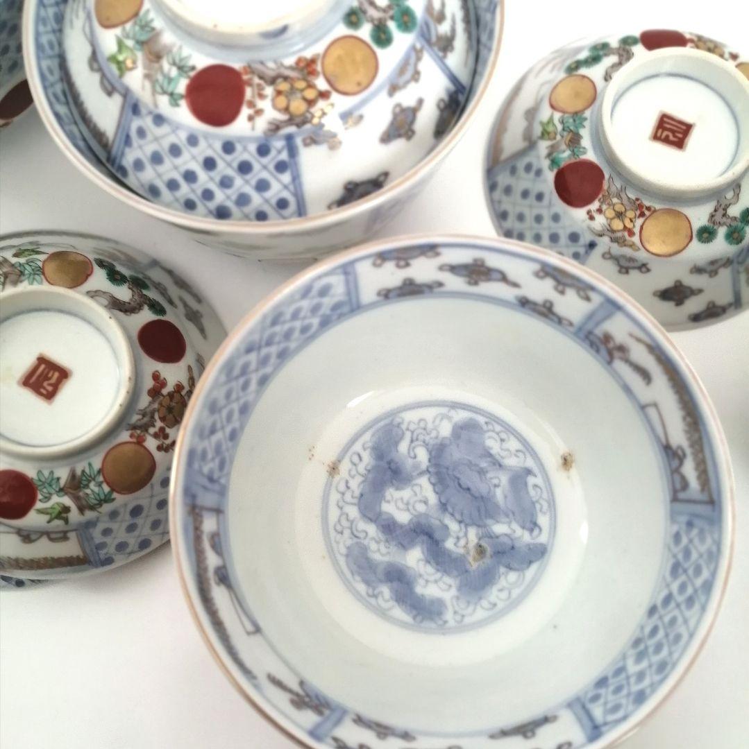 古伊万里　赤玉　松竹梅図　蓋茶碗　5客組