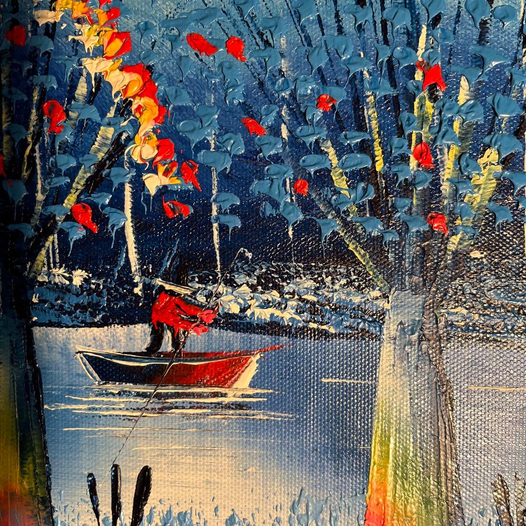 手書き油絵 青の川下り 額付 絵画 インテリア 油彩画