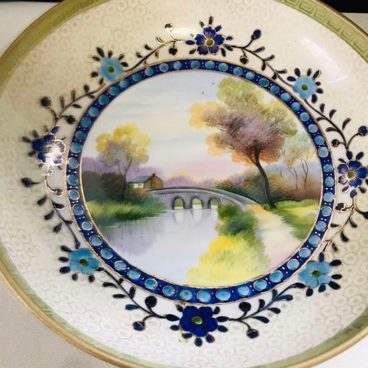 オールドノリタケ  風景画　コンポート　エナメル装飾