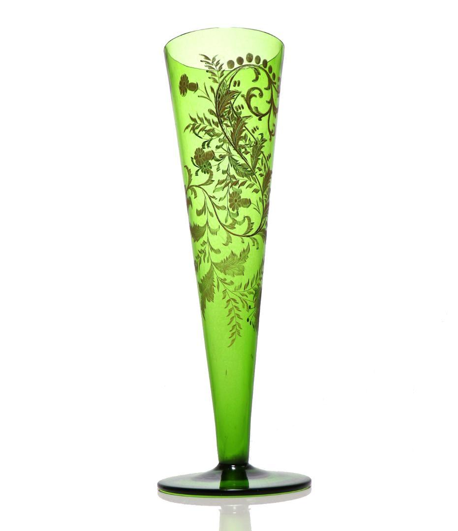 オールド・バカラ 1900年頃 緑硝子 31cm グラヴュール 金彩 大型 花瓶