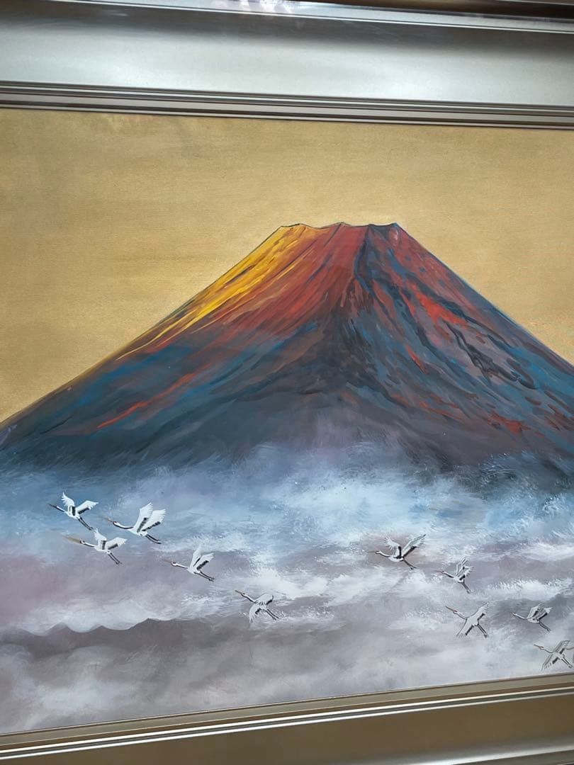 富士山 鶴 油彩 大型 豪華額装 迫力作品