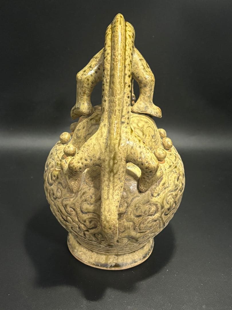 中国　宋元時代 ドラゴン持ち手の陶器壺