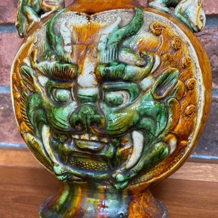 唐三彩色の花瓶　壺　龍顔　　骨董