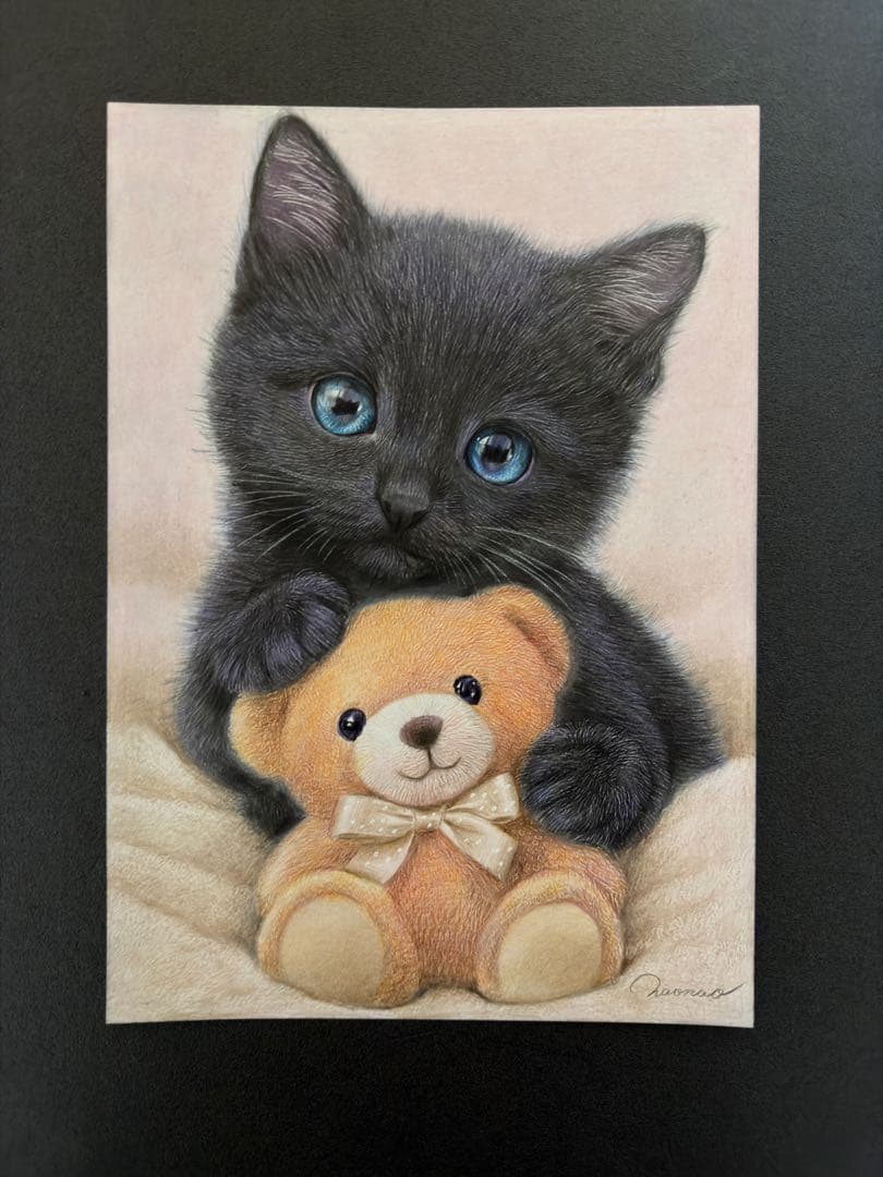 色鉛筆画A4 青い目の黒猫
