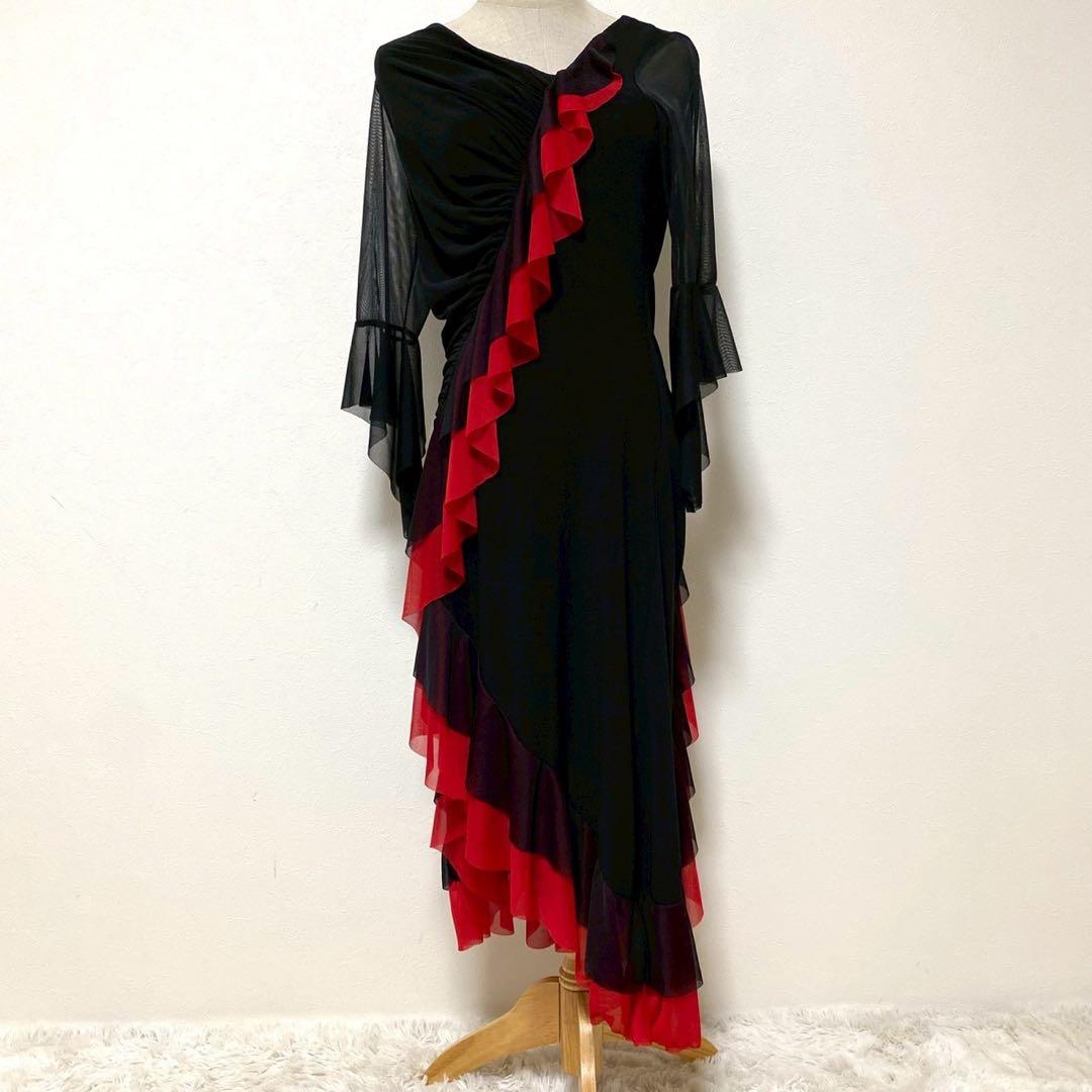 prima boutique ブラック&レッド フリルデザイン シアードレス