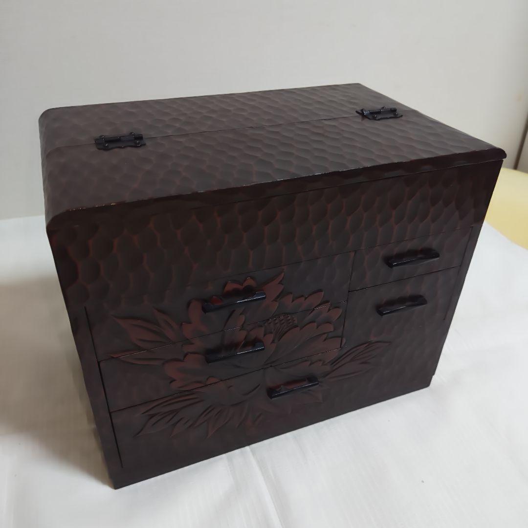 【良品】鎌倉彫り　整理箱　手彫り　アクセサリー　五引出し　隠し収納　上部収納