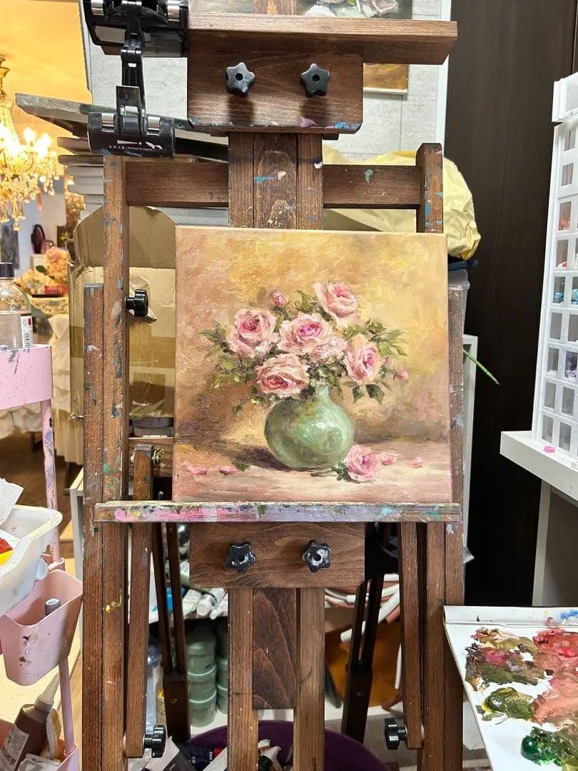 油彩画 ピンクのバラ 緑の花瓶　額縁付き