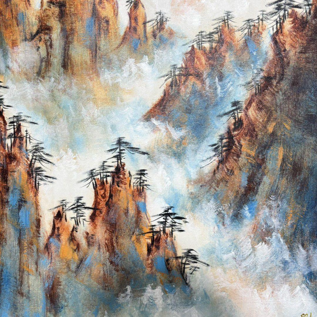 手描き 水彩油画 山水画 刘海粟 中国絵画 風景画 約70×100cm 未表装