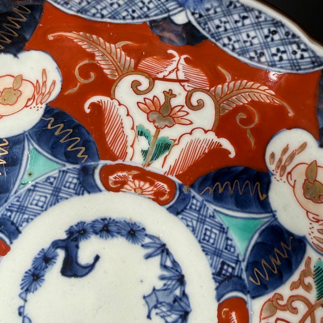 江戸後期　古伊万里　色絵うさぎ文様輪花形七寸皿　五客　冨貴長春　21.8cm