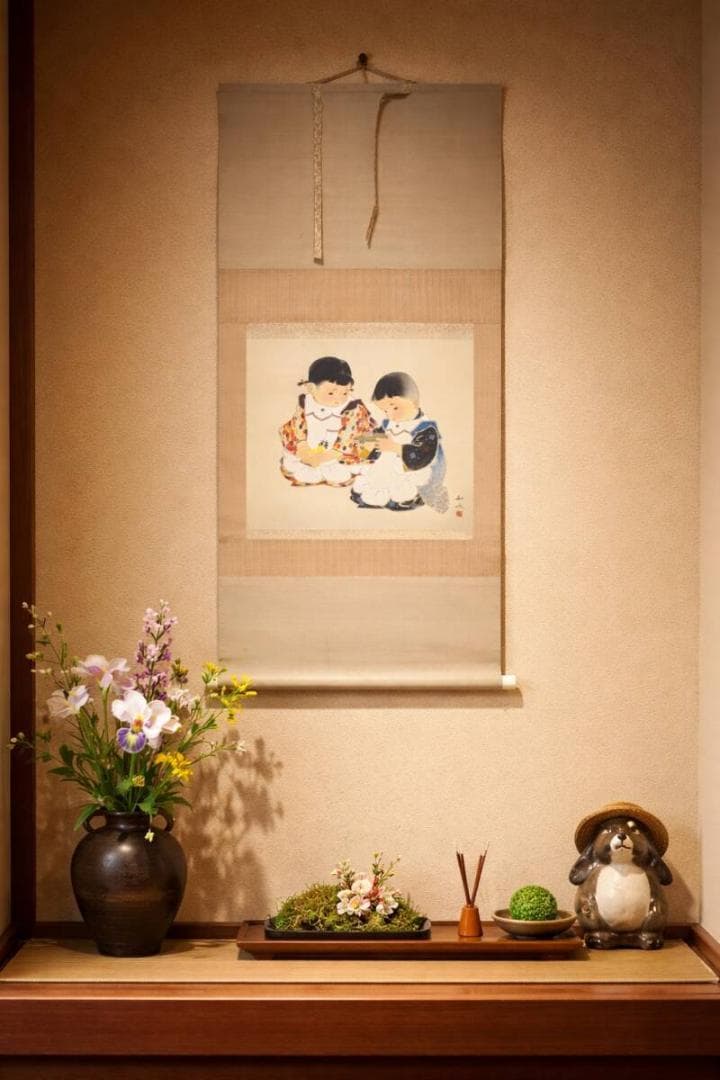【真作】掛軸　田中針水　姉弟　無邪気な姉弟遊び図　共箱入　V176