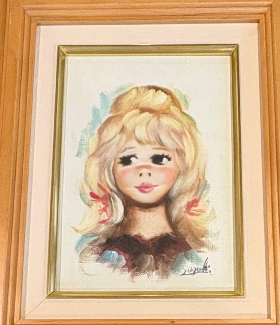 希少 昭和レトロ 少女画 肉筆 キャンバス 額装 サイン有 厚型パネル 一点もの