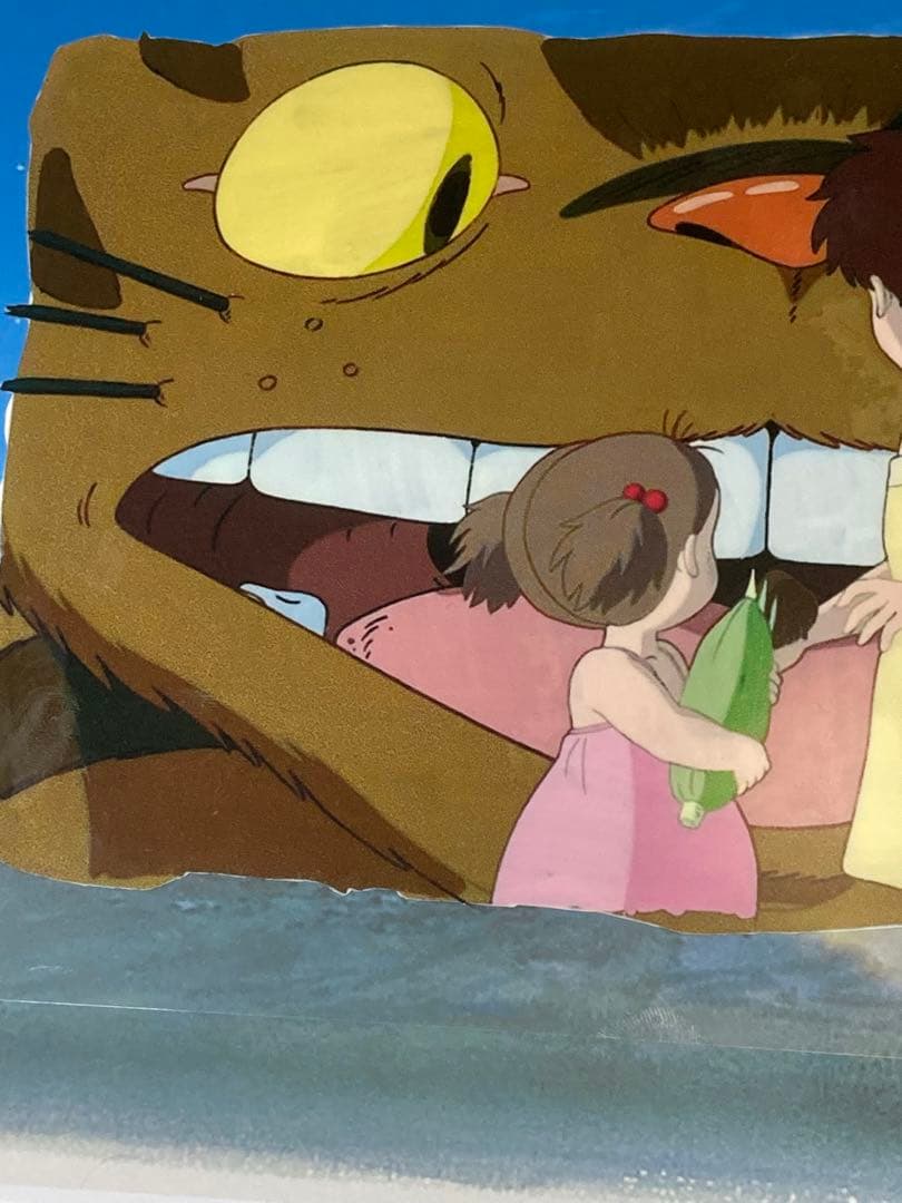e６４　となりのトトロセル画【猫バスと二人】背景画・額縁付き