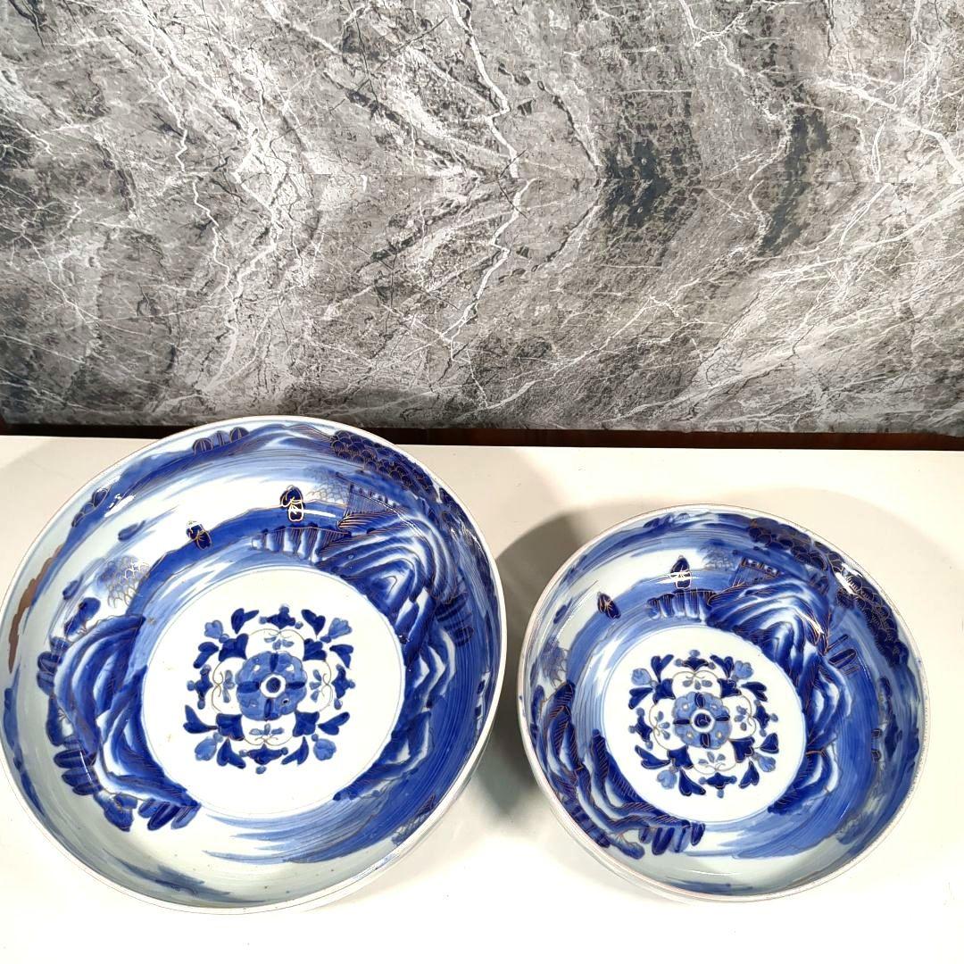 古伊万里 山水 染付 大小鉢 丼 二重高台 骨董品
