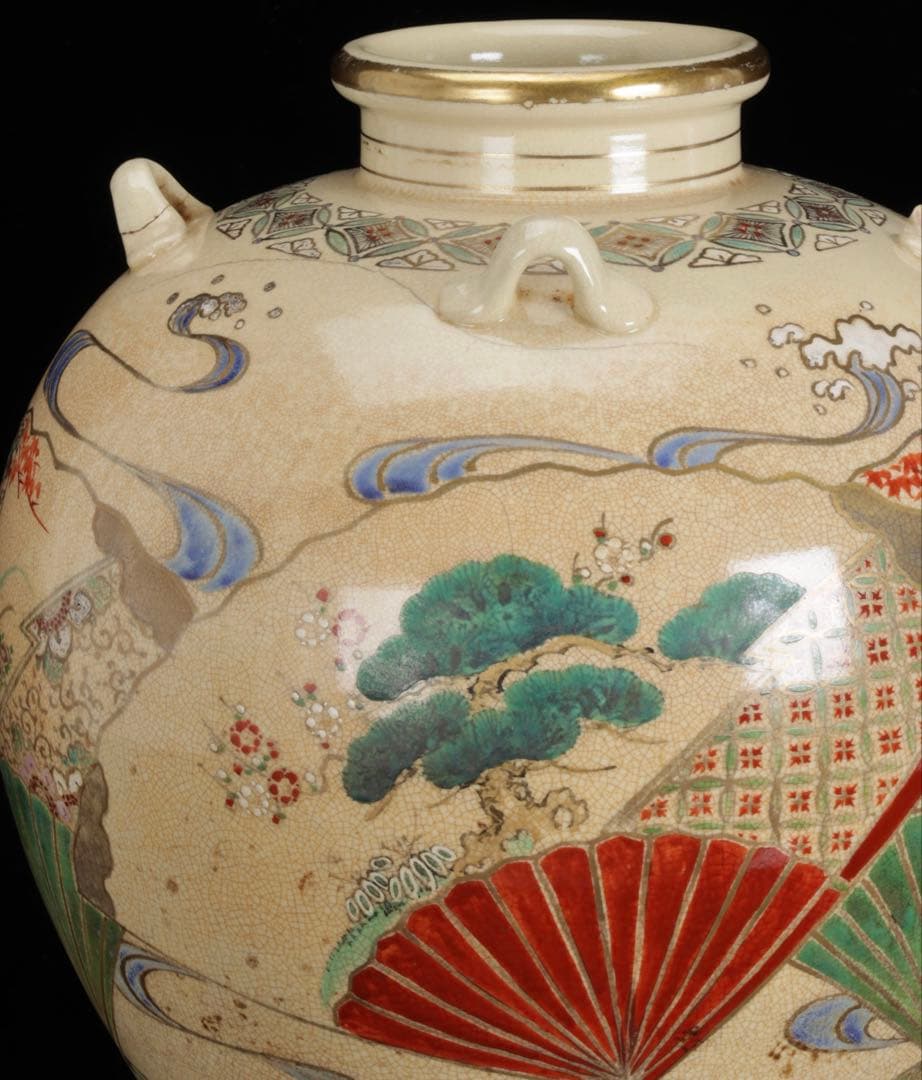 京焼 色絵扇面図四耳壺 仁清写 扇子図 金彩色絵 花瓶 飾壺 高35cm 古美術