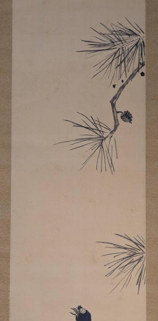 【真作】掛軸　水墨花鳥　松岩に佇む鳥図　墨韻豊かな逸品　V143