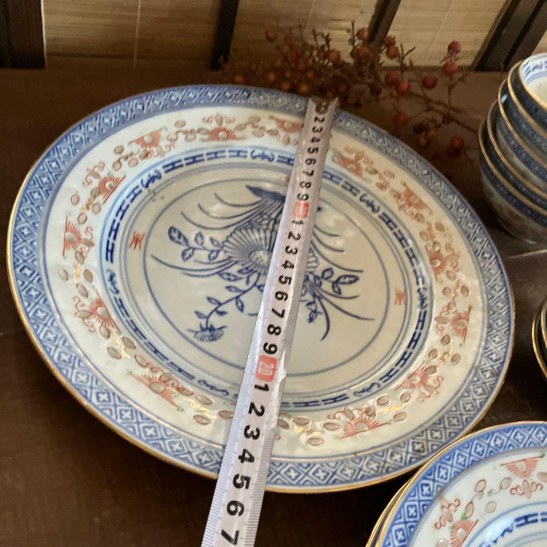 希少！【中国景徳鎮】蛍焼 大皿　小皿　ボウル　鉢　飯碗　金彩赤彩青花図