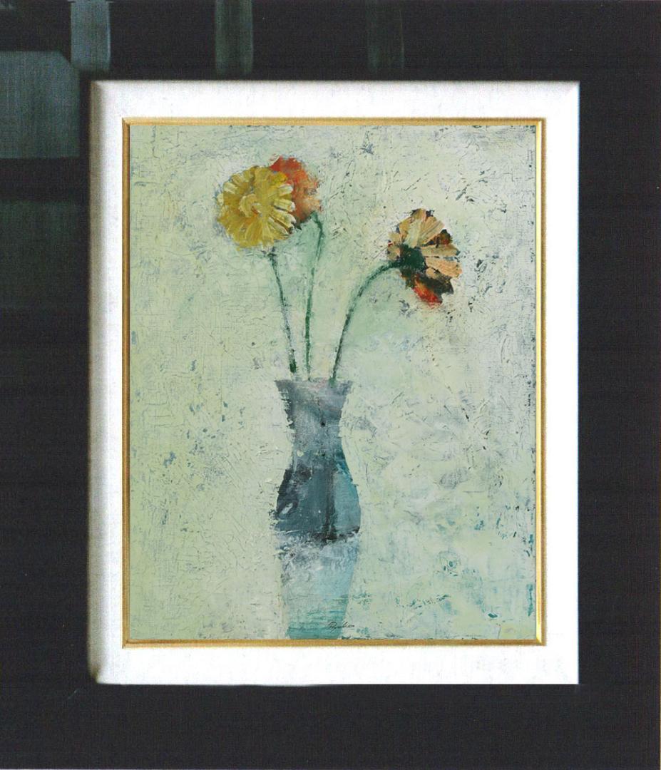 油絵 菅家令子 絵 絵画インテリア 額付(青緑＋金色の枠) F6-030501花