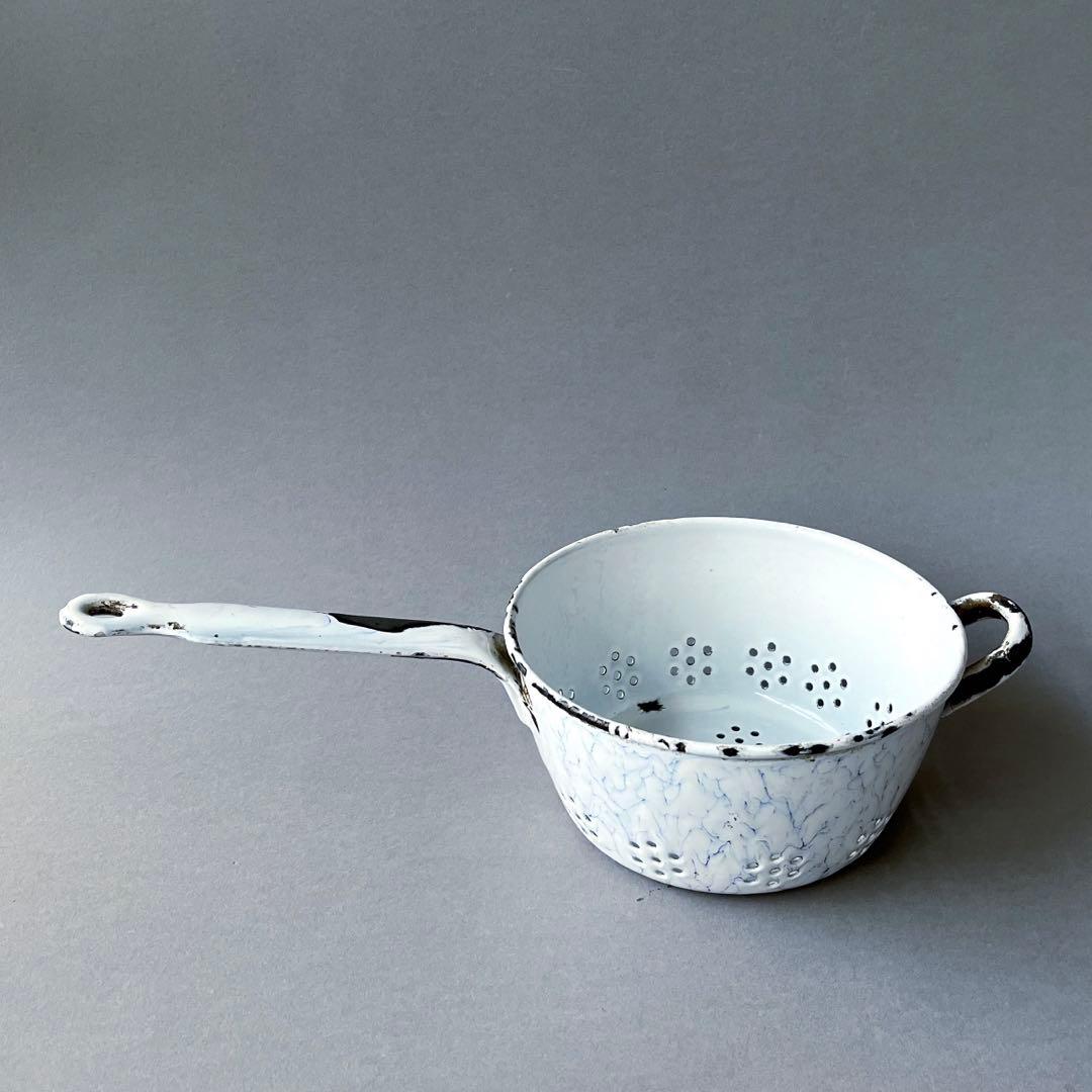 フランス BROCANTE ホーロー水切りコランダー 片手鍋 水色マーブル