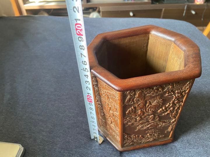 中国古美術品　細工彫り 竹筆筒