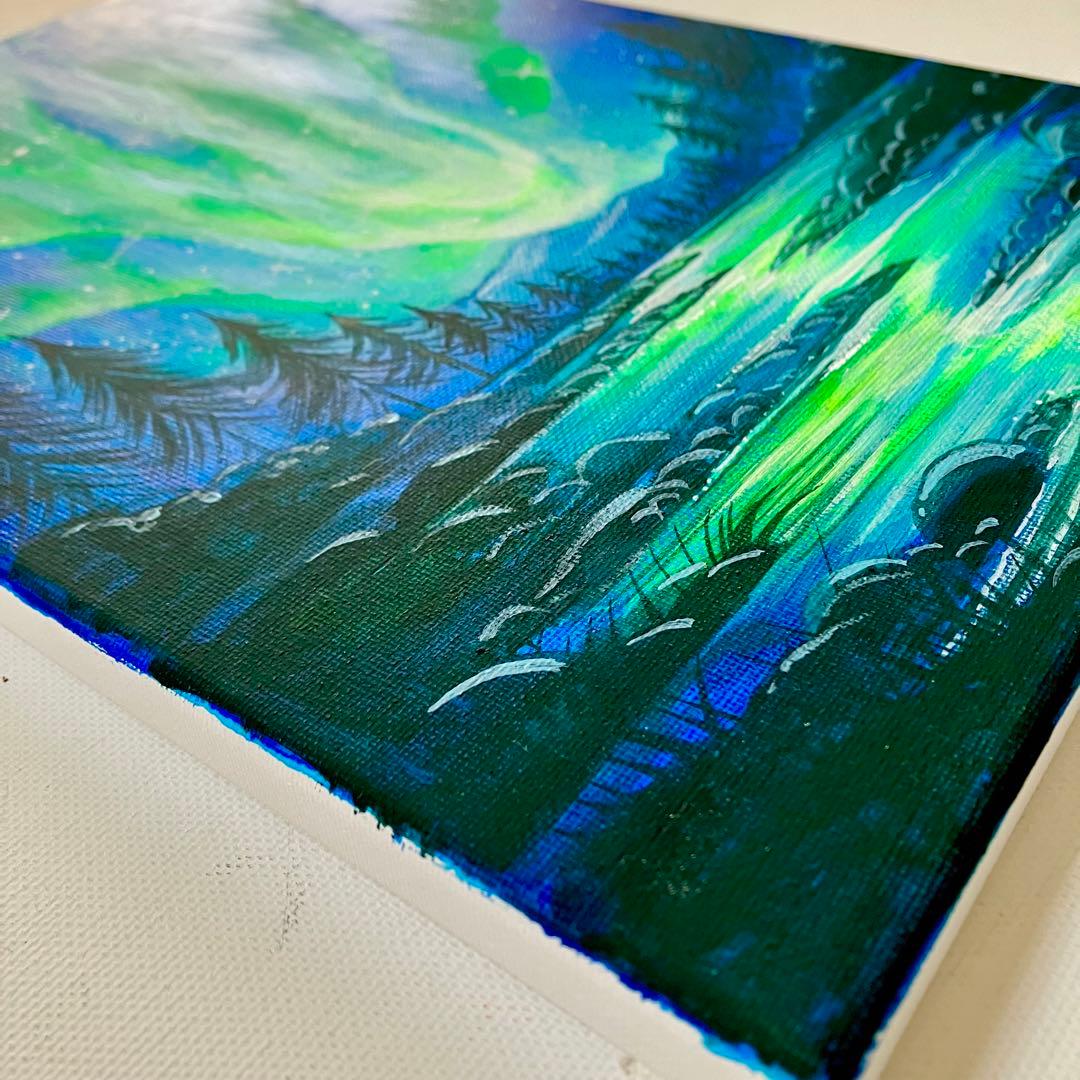 オーロラの夜景＊絵画　原画　風景画　冬　クリスマス　夜空　星空　アクリル原画