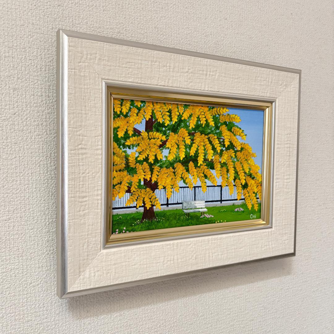 アクリル画　原画　「ミモザの下で04」額縁付き　SMサイズ　キャンバス