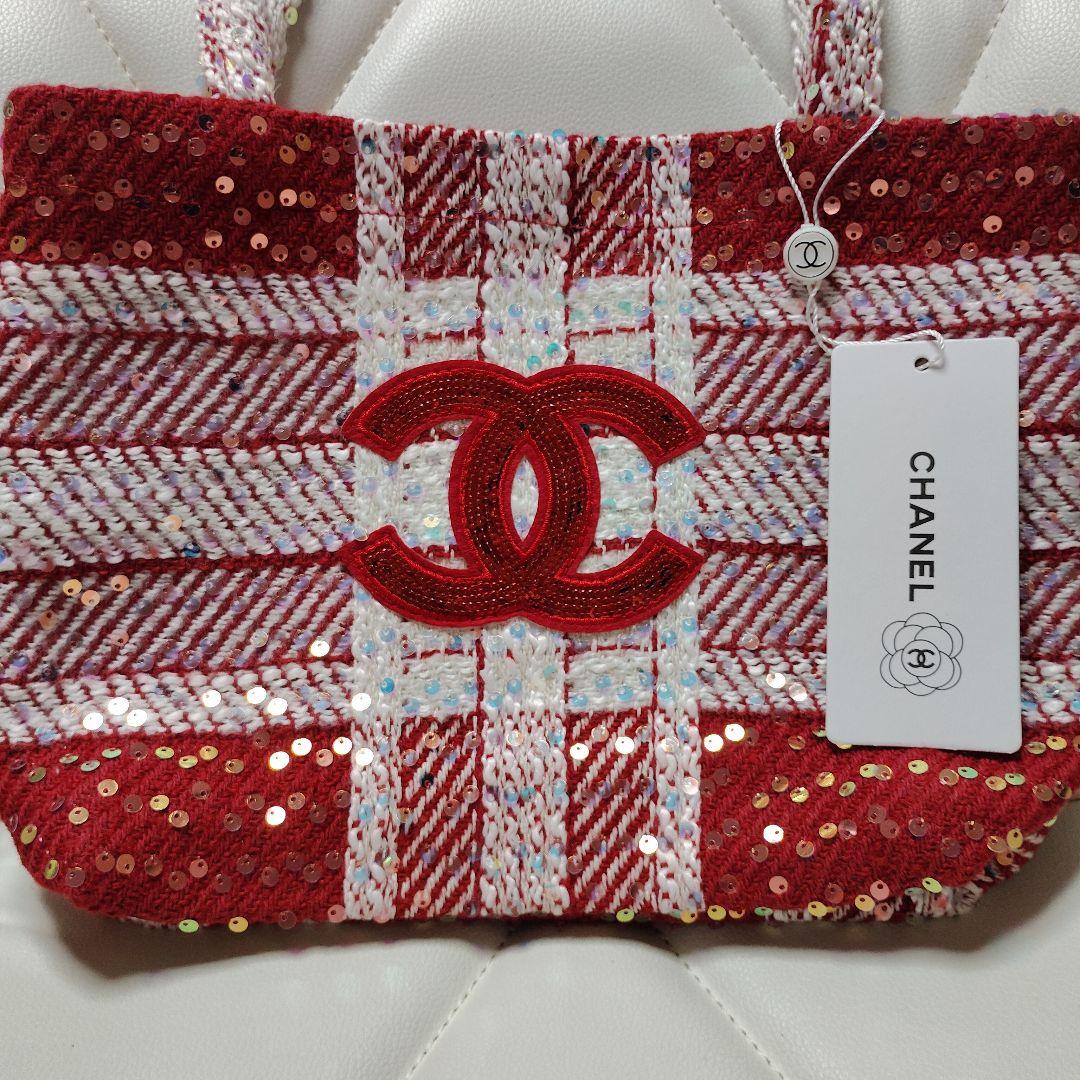 CHANEL　新品　ノベルティ　 赤と白のチェック トートバッグ