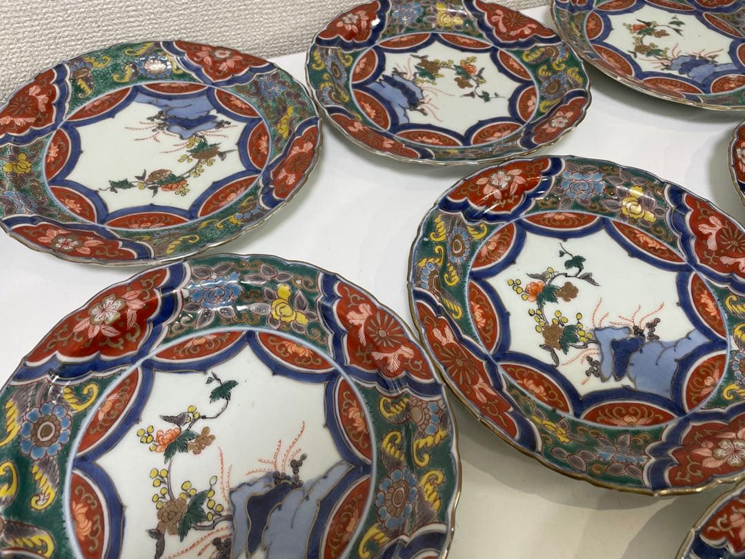 【現状品】古伊万里 金彩 色絵 染付 陶器 花柄 中皿 割烹 懐石 10枚 ②